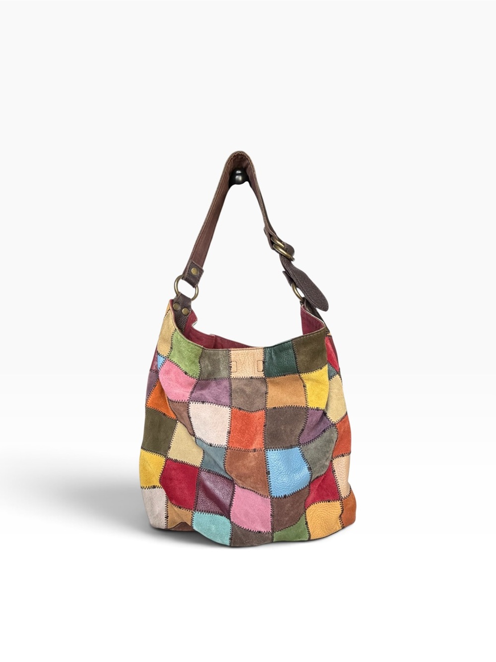 Vintage Y2K Lucky Brand XL multicolor patchwork suede leather hobo tote bag
